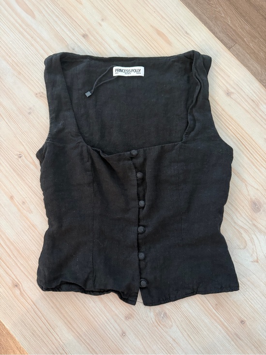 Princess Polly Tops - Princess Polly Black Linen Blend Button-Front Tank